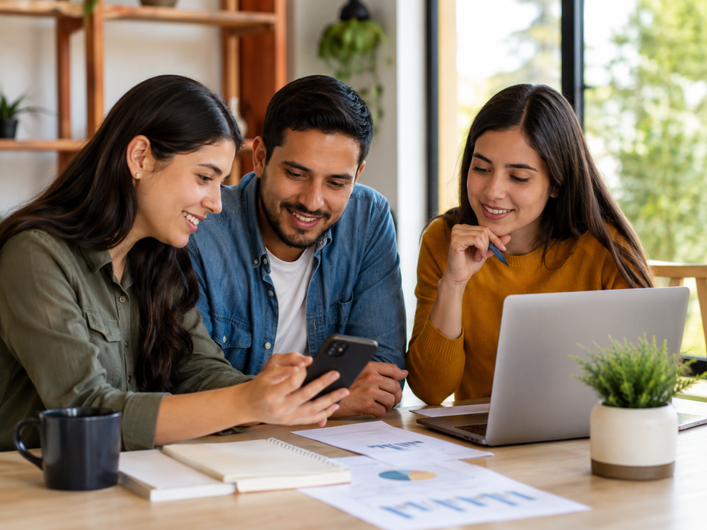 Jóvenes aprendiendo educación financiera con celular y portátil