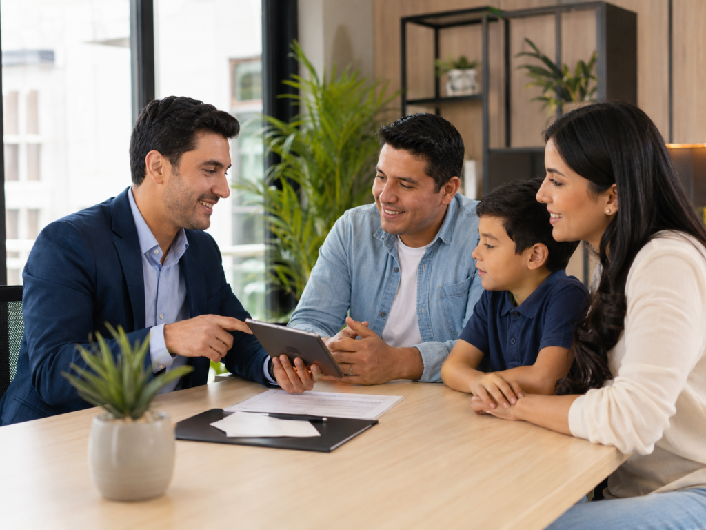 Asesor financiero explicando crédito responsable a una familia
