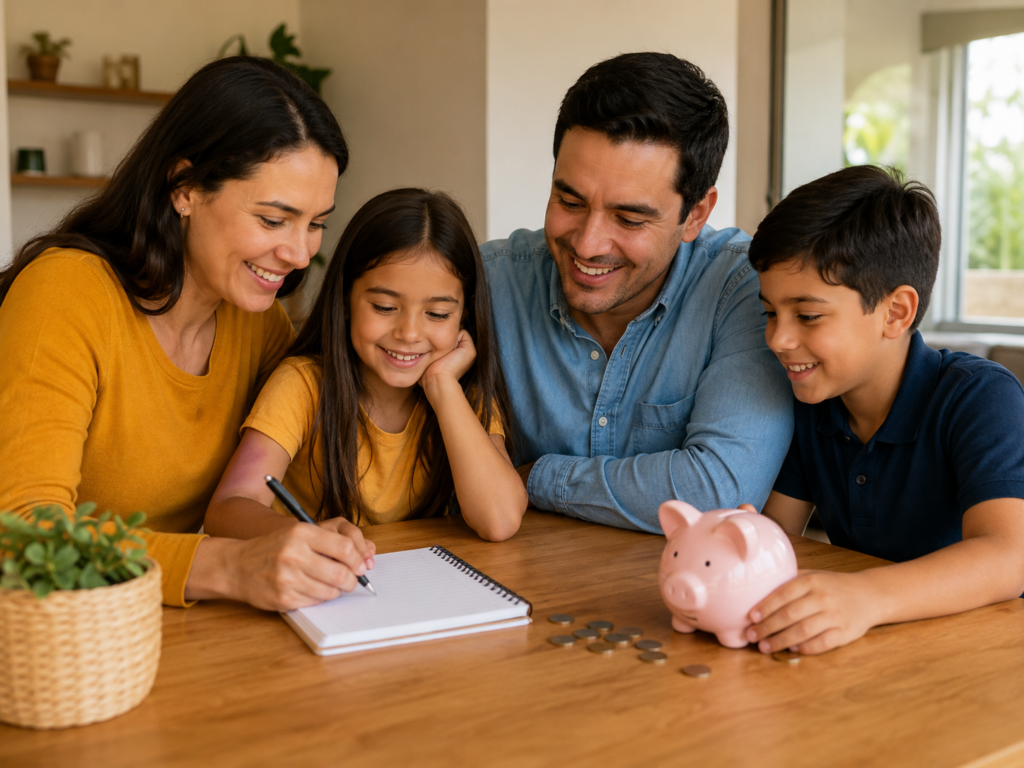 Familia planificando metas financieras con educación financiera